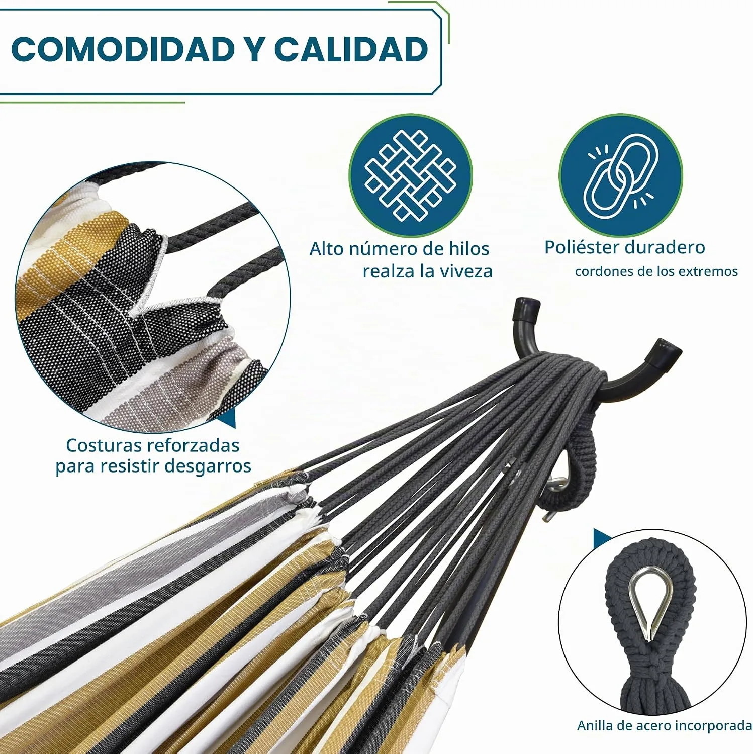 Costuras reforzadas, cordones de poliéster y anilla de acero